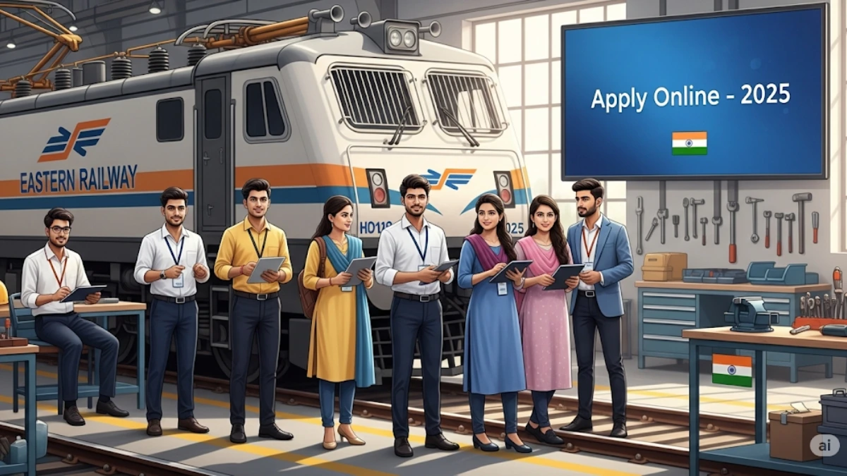 Young Indian candidates standing near an Eastern Railway train, applying online for Apprentice Recruitment 2025 with ITI tools and railway workshop background