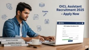 OICL Assistant Recruitment 2025 notification image showing candidate applying online with exam calendar and insurance icons in background